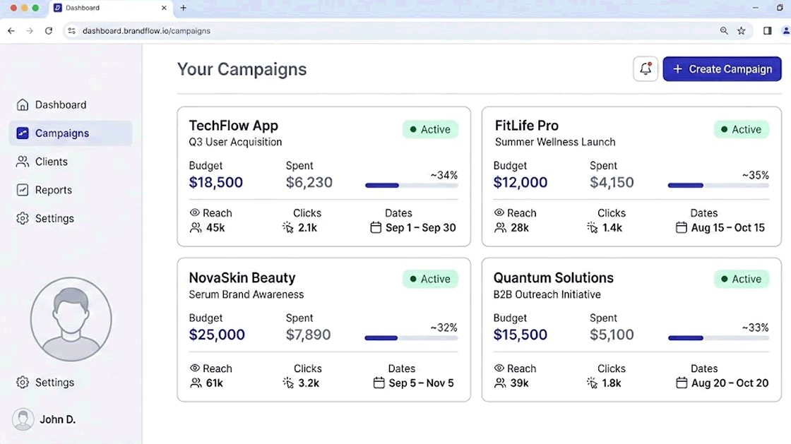 YouTube influencer marketing agency dashboard showing multiple client campaigns on CollabPals