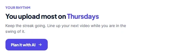 A new browser tab card reading Your rhythm, you upload most on Thursdays, with a button to plan the next video with artificial intelligence.