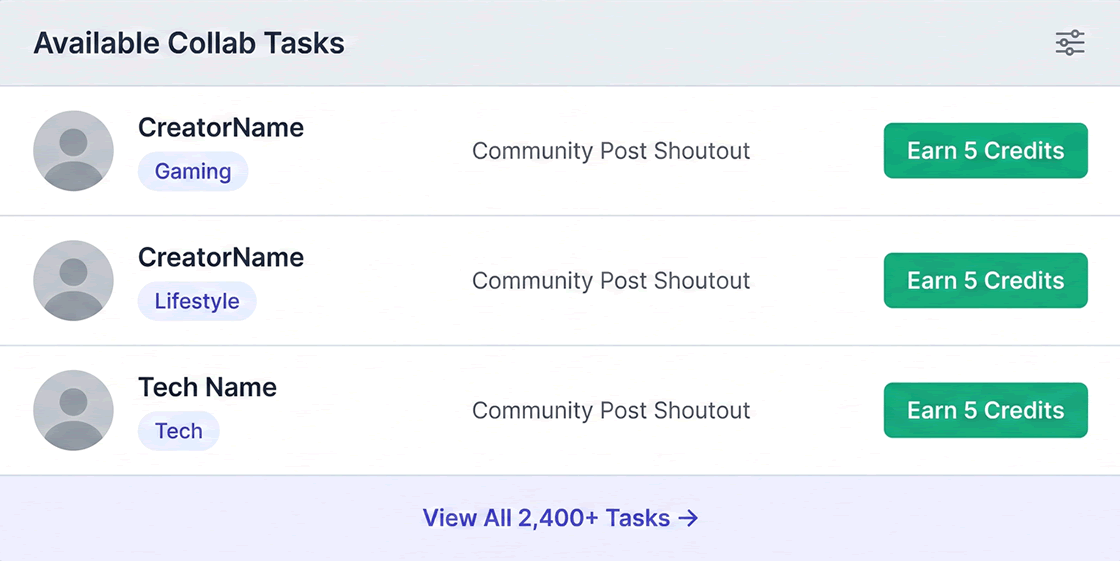 CollabPals Collab Board showing available shoutout tasks to earn credits and grow your YouTube channel for free