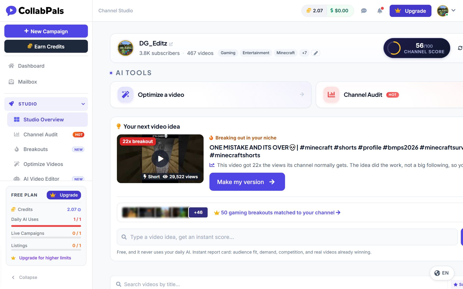 Growth Studio workspace showing AI tools, a channel score, and a breakout video idea