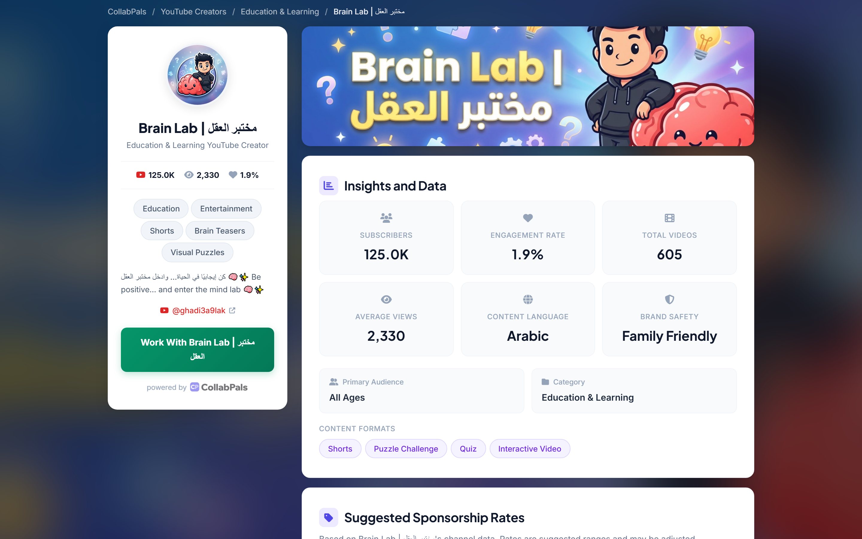 A CollabPals media kit page showing a creator's subscriber count, engagement rate, audience and brand safety rating.