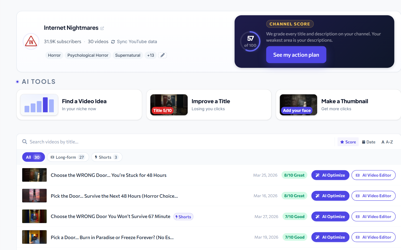 The Growth Studio showing a channel scored 57 out of 100, tools to find a video idea, improve a title and make a thumbnail, and a score on every published video.