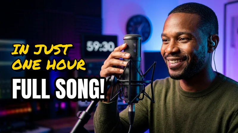 Thumbnail option A: a music creator at a microphone, bold yellow text on the left